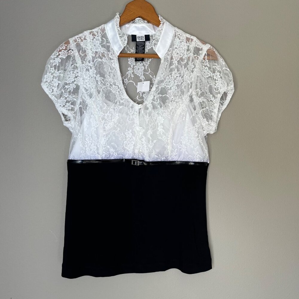 STUDIO 1940 Blouse Womens Medium White Black Lace‎ Satin Collar Coquette Elegant